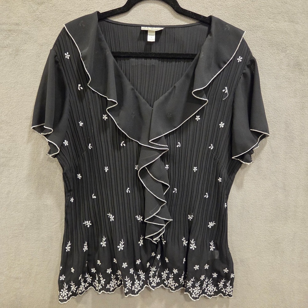 Dressbarn Black Floral Embroidered Pleated Blouse Women's 1X Ruffle Collar Sheer